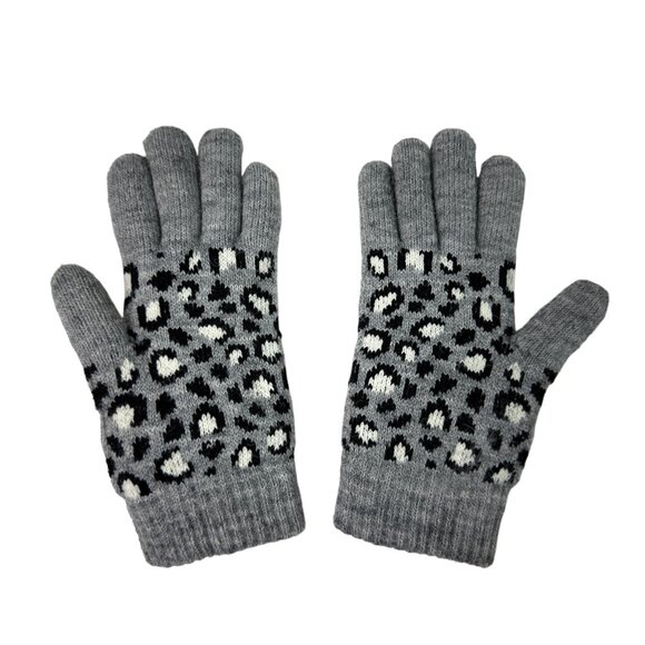 Women’s Gray Leopard Print Knit Winter Gloves Fleece Lined - Picture 2 of 4
